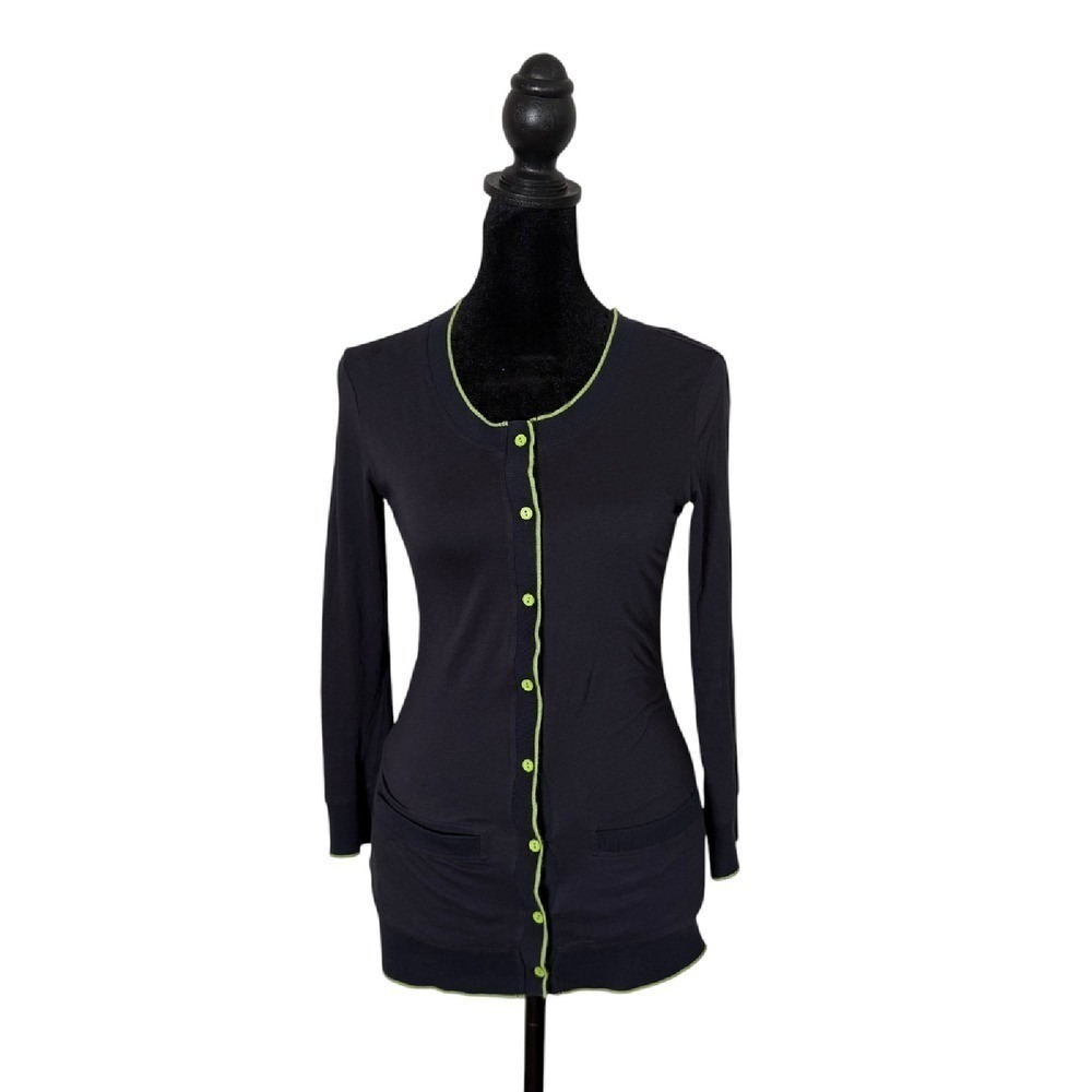 Theory Contrast Trim Cardigan Sweater Womens Size 00 0 Blue Green Preppy Office